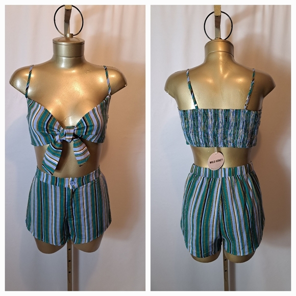 WILD HONEY TWO PIECE GREEN & BLUE STRIPED CROPPED TOP SHORT SET - Picture 1 of 8